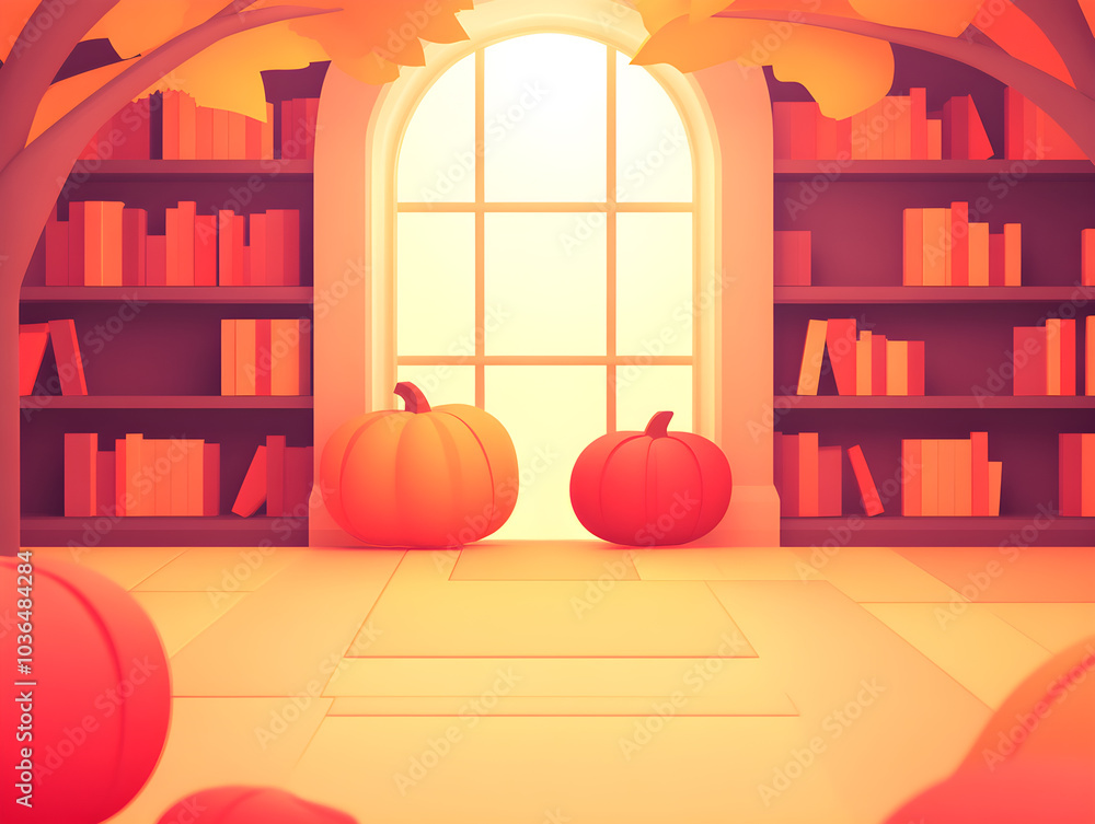 Poster a room with a window and a bookshelf