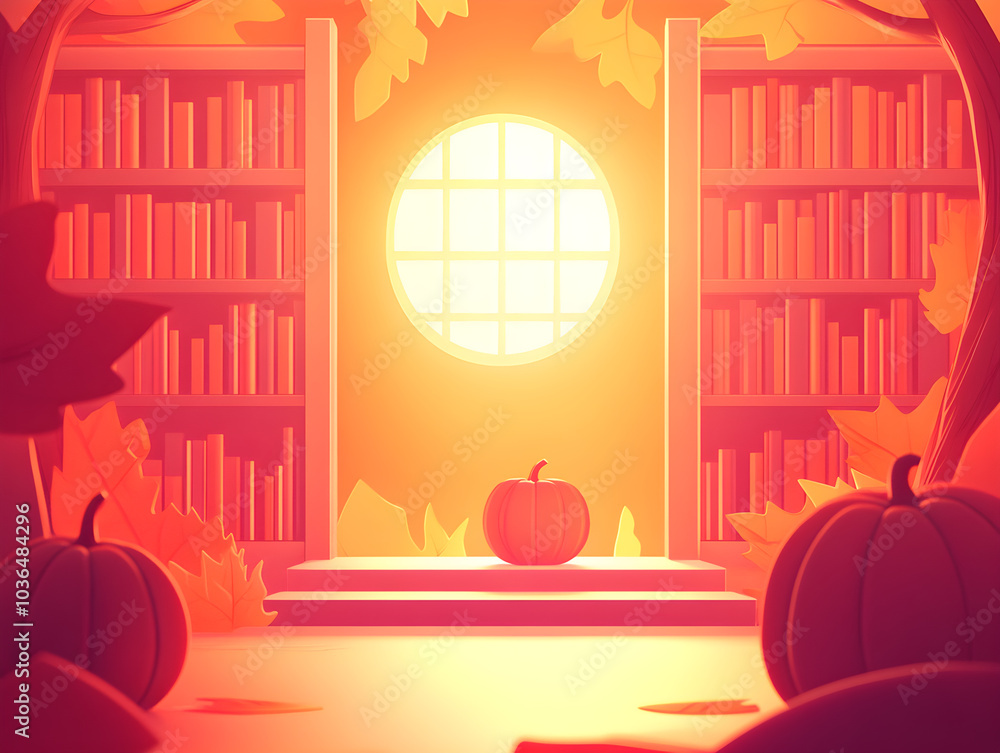 Poster a bookcase with a window and a pumpkin in the window