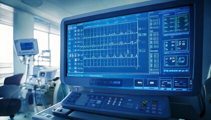 Vital signs monitor, digital and hospital with EKG machine, electronic and medical equipment. Generated image