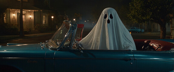 Ghostly Ride:  A mysterious, ethereal figure, cloaked in a white sheet, takes a ghostly joyride in a classic car. The setting is a dimly lit suburban street at night.