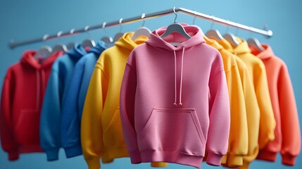 Obraz premium Realistic hooded pullover dress mockup styled with rolled sleeves on a clothing rack