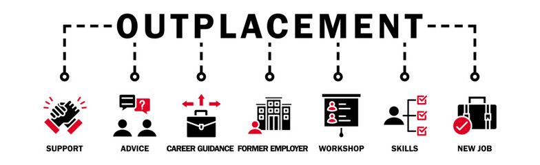 Outplacement banner web icon vector illustration concept with icon of support, advice, career guidance, former employer, workshop, skills, new job, training, and presentation