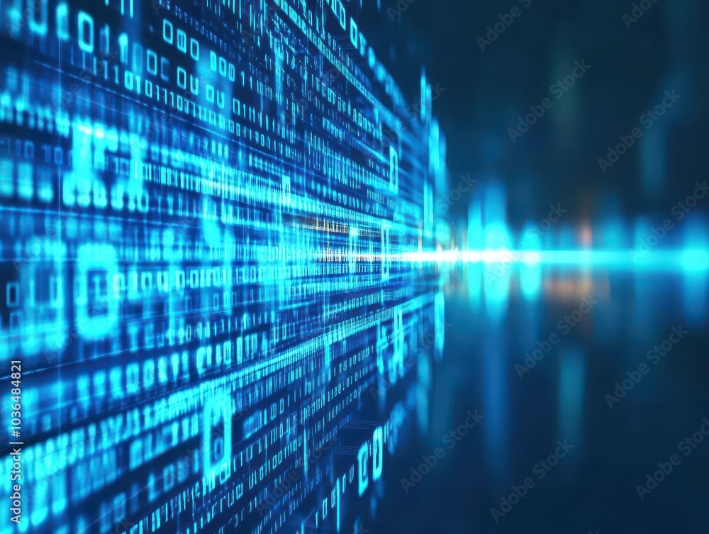 Fototapete Streams of blue binary digits flowing through a digital grid, front view, signifying the movement of information in cyberspace, cybernetic tone, Triadic Color Scheme