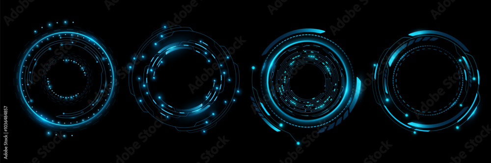 Poster set of glowing hud circles with circuit board. futuristic elements for sci-fi interface. vector illu