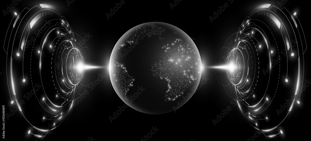 Poster futuristic planet earth hologram with glowing hud circles. digital map of dots. sci-fi elements for 