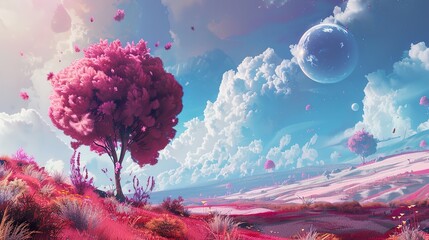 Dreamy Pink Landscape with Floating Islands and Clouds