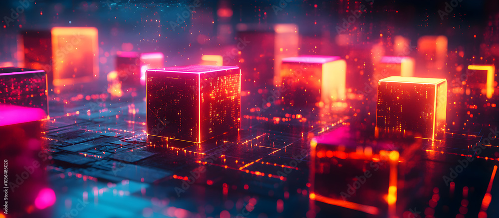 Poster a computer generated image of a cityscape with many glowing cubes