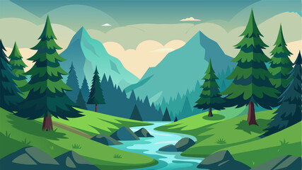 Towering evergreens encircle a peaceful glade where a small stream trickles through the rocky terrain.