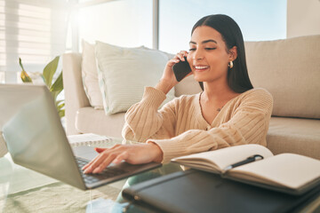 Woman, laptop and phone call in home with studying, elearning and online university with talk. Research, education and mobile chat with internet, diary and planning for exam with web planner on couch