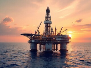 A large oil rig is floating in the ocean with the sun setting in the background