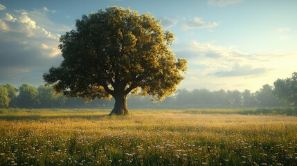 Fototapeta premium A majestic tree stands alone in a sunlit meadow surrounded by wildflowers at dawn, showcasing nature's beauty and tranquility