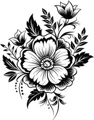 Floral tattoo design with poppy flowers, black ink on white, clean lines, vector illustration