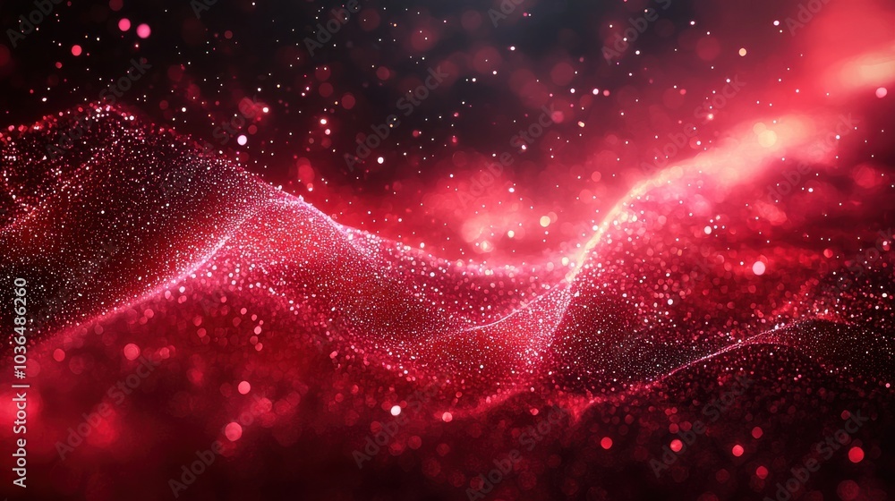Poster vibrant red particles swirl gracefully, creating a dynamic and captivating backdrop in a dark, cosmi