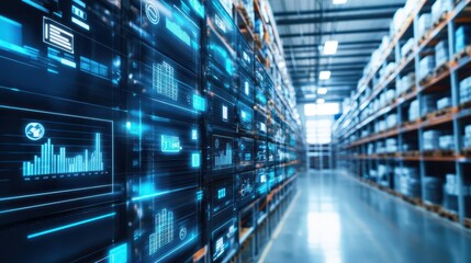 Warehouse with digital screens showing inventory status, realtime logistics