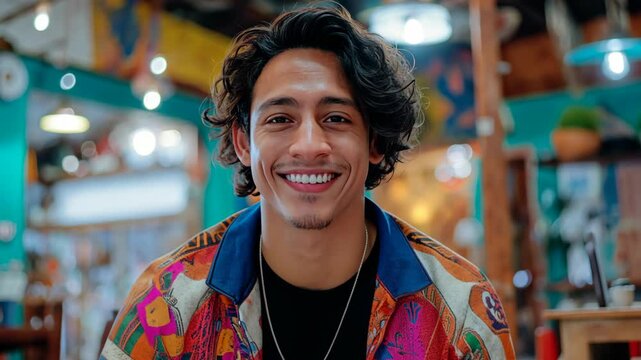 people diversity concept, smiling multiracial man wearing bright color shirt at room decorated with artistic mood interior design