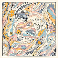 Naklejka premium Geometric and Organic Doodle Tile and Carpet Designs with White Borders | Hand-drawn, Abstract, Floral, and Symmetrical Patterns in Soft Pastel and Earth Tones