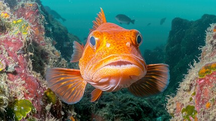 Fototapeta premium A close-up shot of a red rockfish swimming in the ocean.