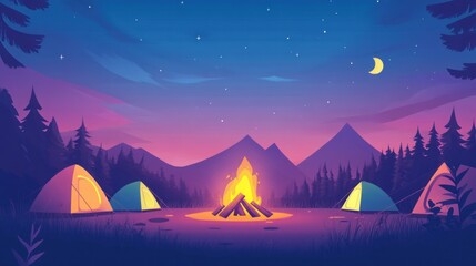 Campsite with a bonfire and tents at night in front of mountains.