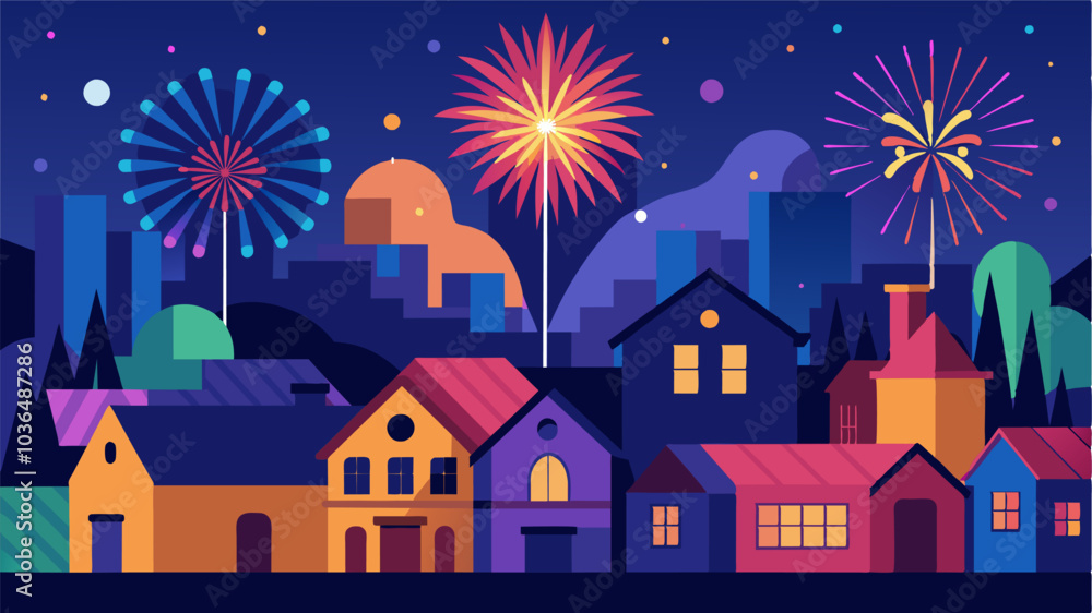 Poster the night ends with a spectacular fireworks display symbolizing the unity and joy of the neighborhoo
