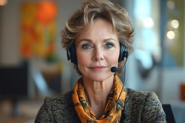 Mature businesswoman with a headset in office, Generative AI