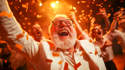 Joyful Celebration: An elderly man with a joyful expression, surrounded by cheering people amidst a shower of confetti. This vibrant image captures the pure exhilaration of a momentous occasion.