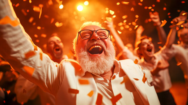 Joyful Celebration: An elderly man with a joyful expression, surrounded by cheering people amidst a shower of confetti. This vibrant image captures the pure exhilaration of a momentous occasion.