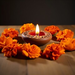 Diwali Diya Photograph with Flowers for Creative Diwali Greeting