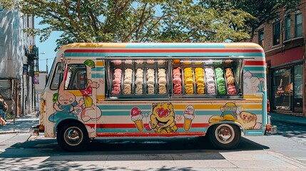 A colorful ice cream truck parked on a city street with a variety of flavors on display.
