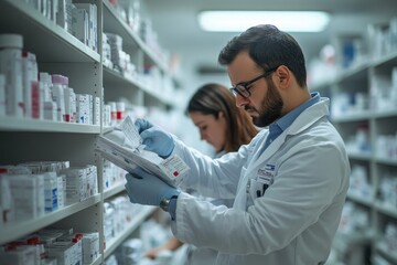 Pharmacists checking inventory at hospital pharmacy, Generative AI