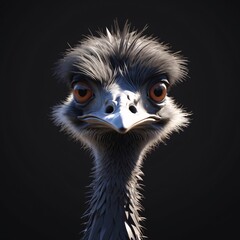 black emu head, black background, brown eyeballs. generative ai