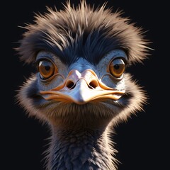 black emu head, black background, brown eyeballs. generative ai