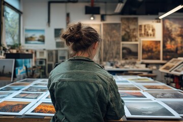 Photographer looking at prints in studio, Generative AI