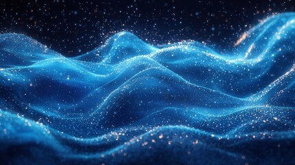Soft blue waves of shimmering particles flowing gracefully in a tranquil dark background during a serene nighttime setting