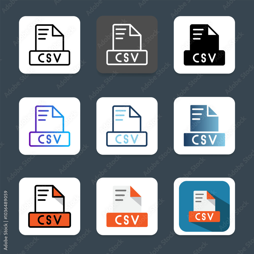 Poster Set of csv file format icons for various document types, extensions, file types and spreadsheets.