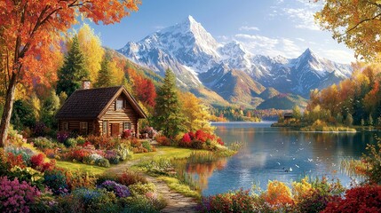 Fototapeta premium A cozy cabin nestled amidst vibrant fall foliage, a serene lake, and snow-capped mountains in the distance.