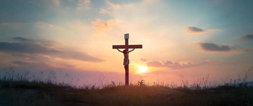 Silhouette jesus christ crucifix on cross on calvary sunset background concept for good friday he is risen in easter day, good friday jesus death on crucifix, world christian and holy spirit religious