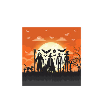 Spooky Halloween Silhouettes: Grim Reaper, Witch, and Skeleton Scene, Eerie Halloween Night: Bats, Moon, and Graveyard Silhouette, Halloween Characters Silhouette: Witch, Skeleton, and Ghost Under.