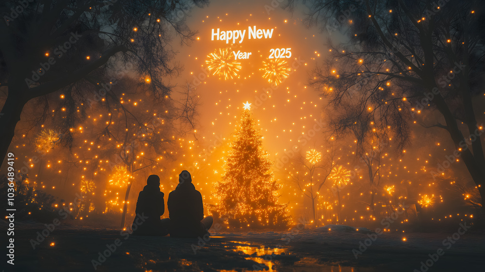 Poster a couple sits under a christmas tree with fireworks in the background. the image is a representation
