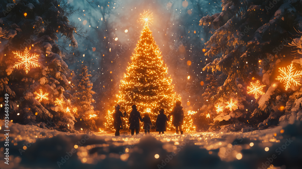 Poster a group of people are standing in front of a christmas tree. the tree is lit up with lights and snow