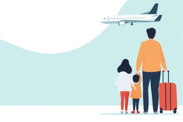 Naklejka premium A family stands together with luggage, watching an airplane in the sky, symbolizing travel, adventure, and togetherness.