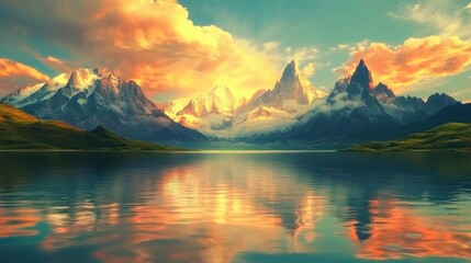 A stunning sunset casts a golden glow over a serene mountain lake, reflecting the majestic peaks in the calm water. The scene evokes a sense of peace and tranquility.
