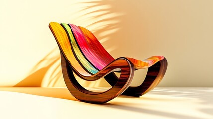 A wooden chair with curved lines and vibrant color accents on the seat, placed against a light cream background