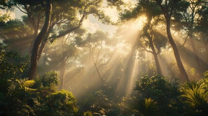 Sunbeams stream through a dense, misty forest, illuminating the lush greenery.