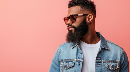Obraz premium Stylish man in denim jacket and glasses on peach background, Generative AI