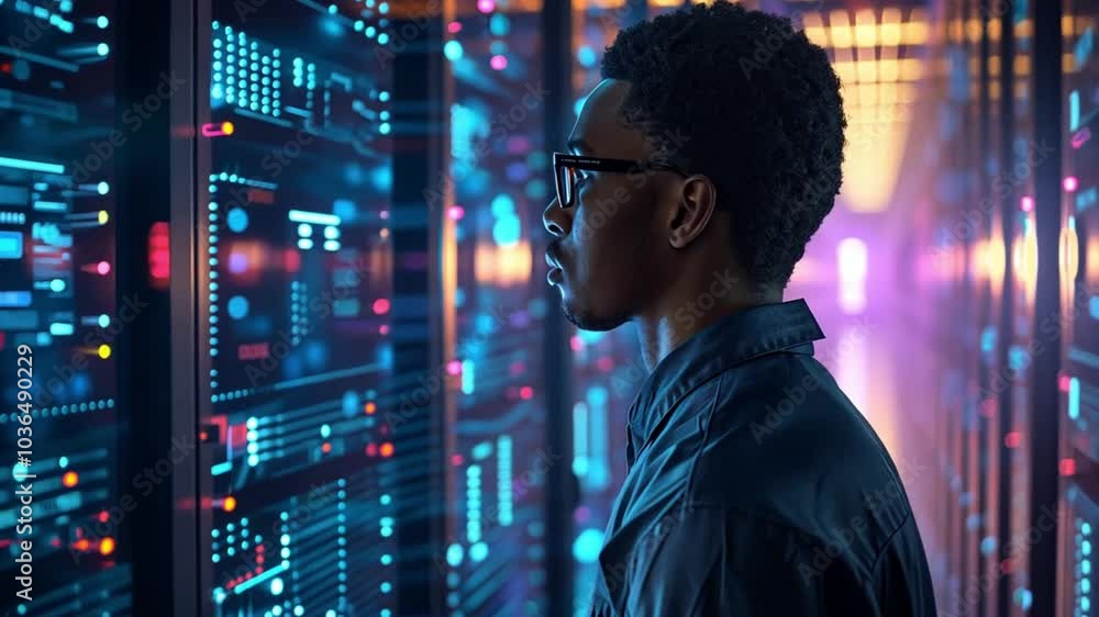 Poster An individual examines intricate data visualizations on large screens, immersed in a vibrant tech environment illuminated by colorful lights.