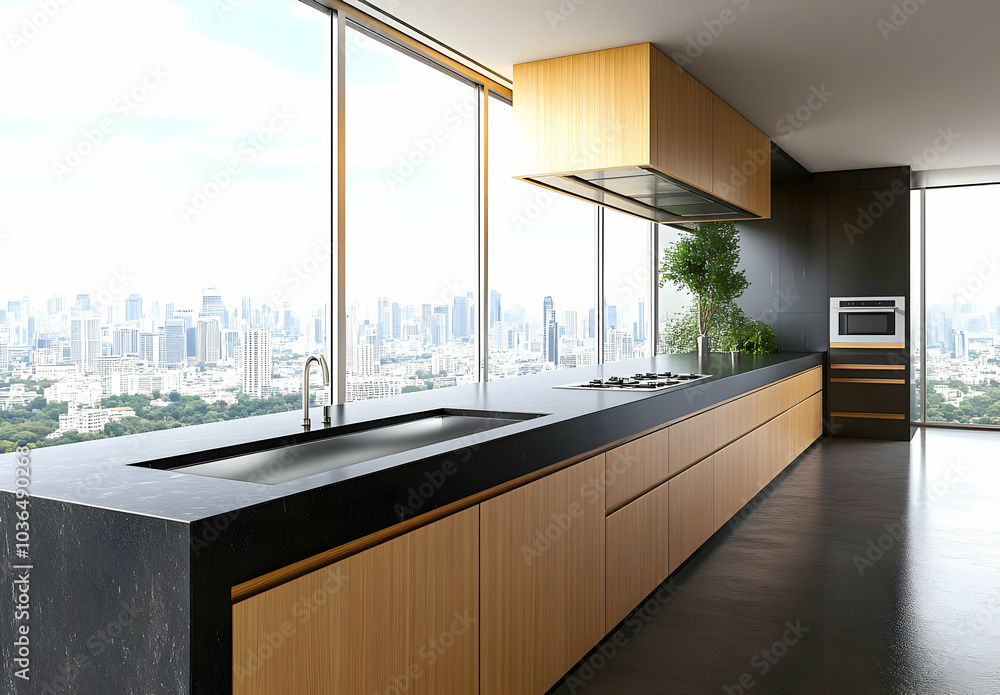 Wall mural modern minimalist kitchen with black concrete countertop