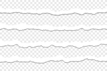 Set of Four Torn Paper Strips with Natural Rough Edges and Shadows on Transparent Background