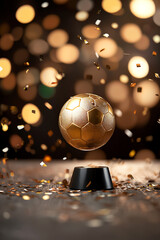 Fototapeta premium Golden soccer ball trophy on a blurred festive background with sparkling confetti.