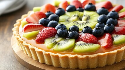 A vibrant fruit tart topped with strawberries, blueberries, and kiwi, with a glossy glaze.