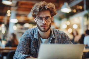 Young man working in modern workplace, Generative AI